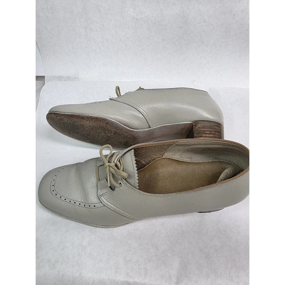 Womens Taupe Leather Oxford Pumps Footsaver‎ Shoes Lace Up Heels 8.5, 1960s READ